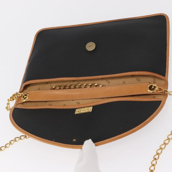 Christian Dior Chain Shoulder Bag Nylon Leather Black Gold Auth bs32108