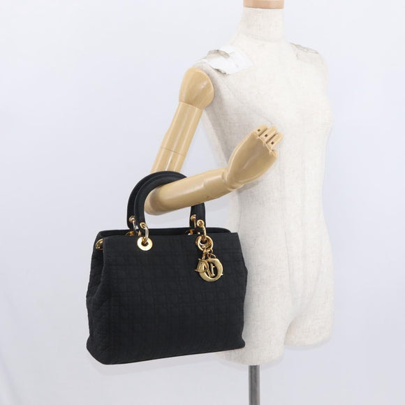 Christian Dior Lady Dior Canage Hand Bag Nylon Black Gold Auth bs32111