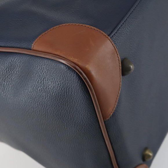 Burberrys Boston Bag Leather Navy Gold Auth bs32129