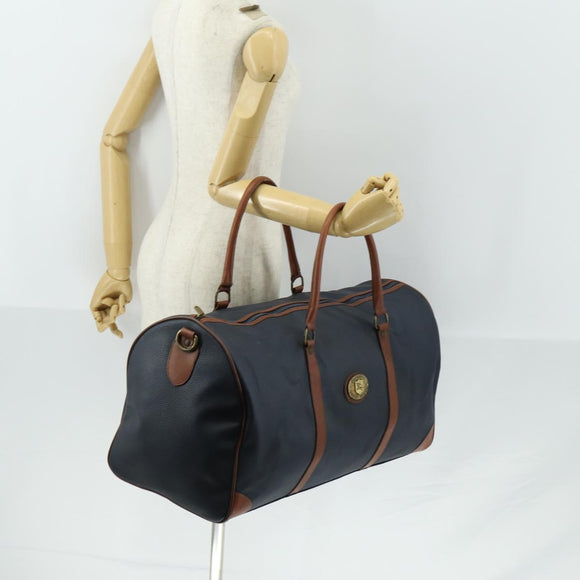 Burberrys Boston Bag Leather Navy Gold Auth bs32129