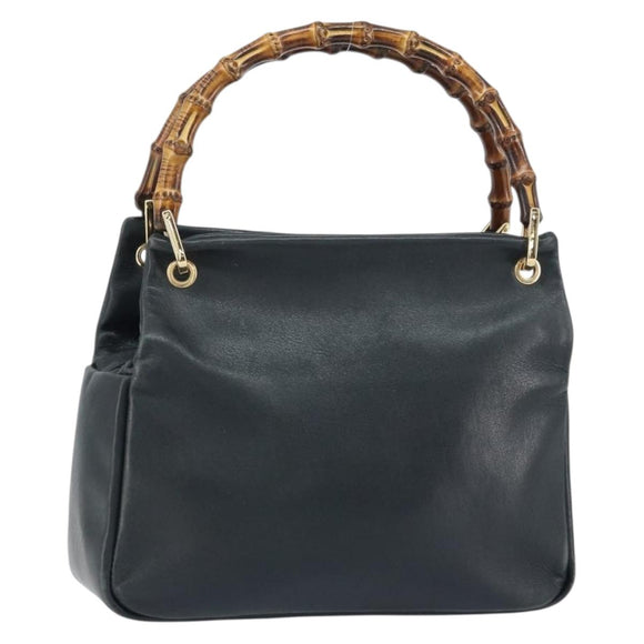 GUCCI Bamboo Hand Bag Leather Navy gold 000 3444 0575 Auth bs32136