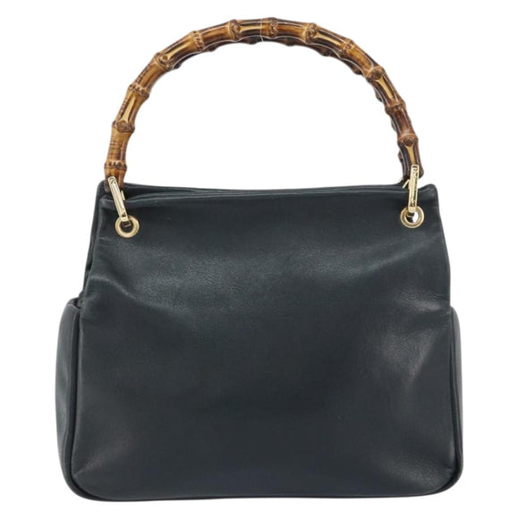 GUCCI Bamboo Hand Bag Leather Navy gold 000 3444 0575 Auth bs32136