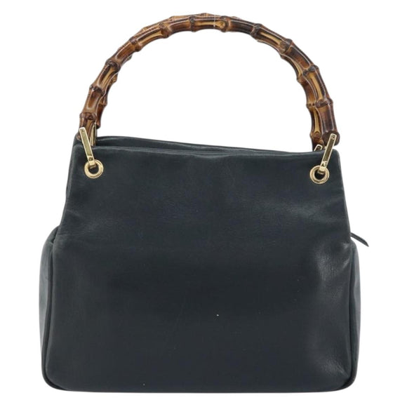 GUCCI Bamboo Hand Bag Leather Navy gold 000 3444 0575 Auth bs32136