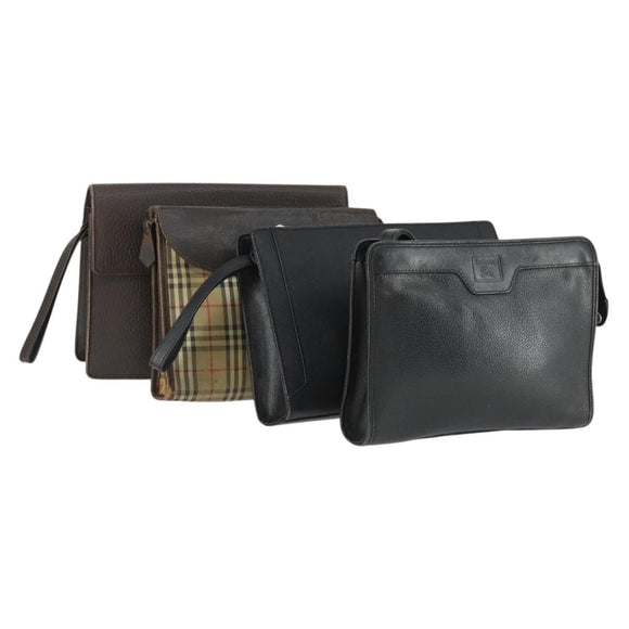 BURBERRY Clutch Bag Leather Canvas 4 Set Black Beige Auth bs32140