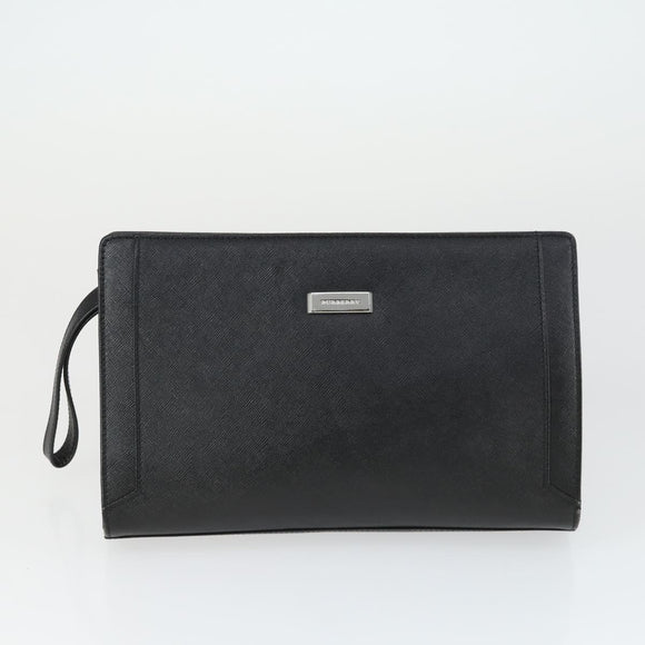 BURBERRY Clutch Bag Leather Canvas 4 Set Black Beige Auth bs32140
