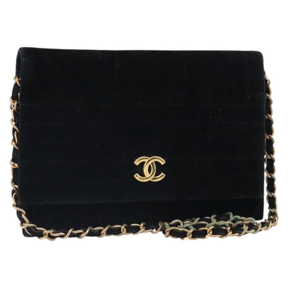 CHANEL Mademoiselle Chain Shoulder Bag Velor Black Gold CC Auth bs32175