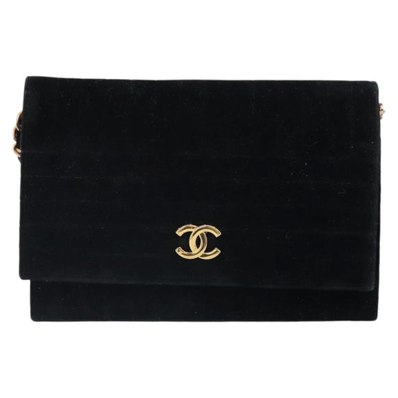 CHANEL Mademoiselle Chain Shoulder Bag Velor Black Gold CC Auth bs32175