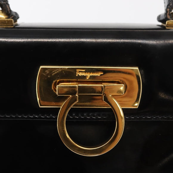 Salvatore Ferragamo Gancini Hand Bag Patent leather 2way Black Gold Auth bs32178