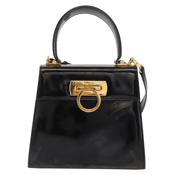 Salvatore Ferragamo Gancini Hand Bag Patent leather 2way Black Gold Auth bs32178