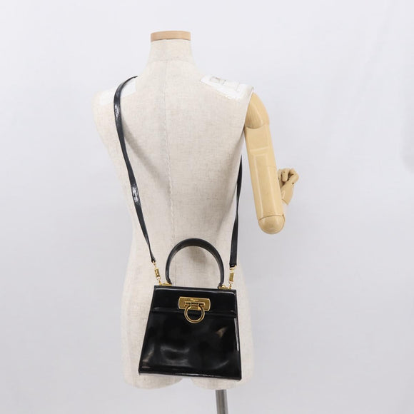 Salvatore Ferragamo Gancini Hand Bag Patent leather 2way Black Gold Auth bs32178