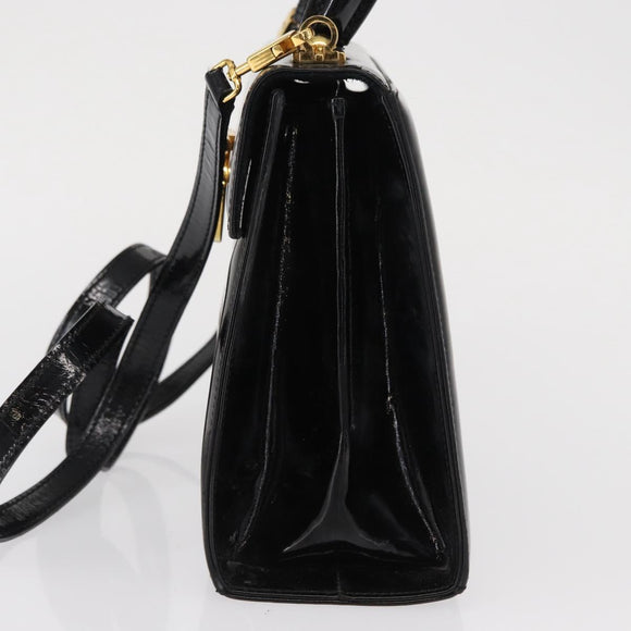 Salvatore Ferragamo Gancini Hand Bag Patent leather 2way Black Gold Auth bs32178