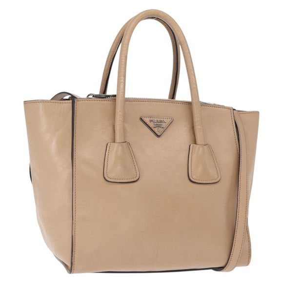PRADA Tote Bag Leather 2way Beige Silver Auth bs32248