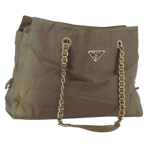 PRADA Chain Shoulder Bag Nylon Khaki Gold Auth bs32294