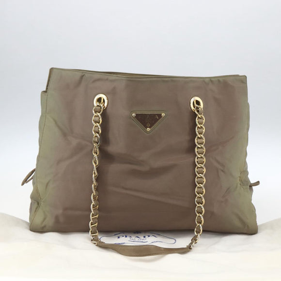 PRADA Chain Shoulder Bag Nylon Khaki Gold Auth bs32294