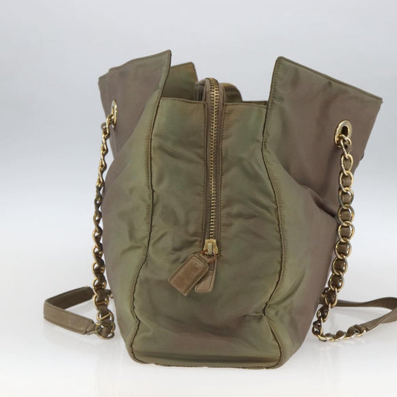 PRADA Chain Shoulder Bag Nylon Khaki Gold Auth bs32294