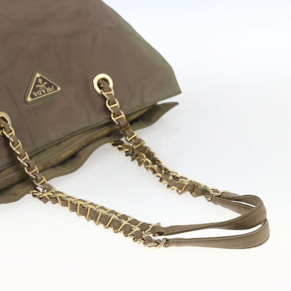 PRADA Chain Shoulder Bag Nylon Khaki Gold Auth bs32294