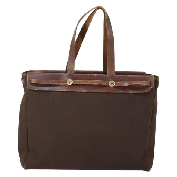 HERMES Herbag Cabas MM Hand Bag Canvas Leather Gold Brown Auth bs32307