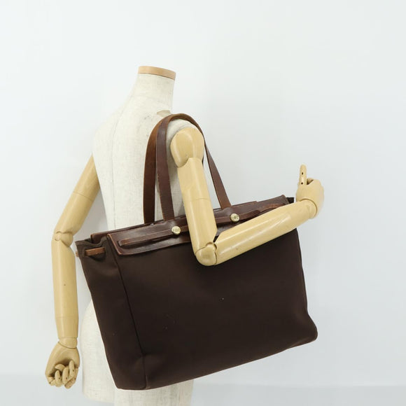 HERMES Herbag Cabas MM Hand Bag Canvas Leather Gold Brown Auth bs32307