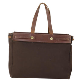 HERMES Herbag Cabas MM Hand Bag Canvas Leather Gold Brown Auth bs32307 - 0