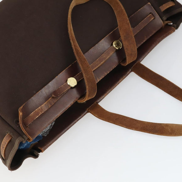 HERMES Herbag Cabas MM Hand Bag Canvas Leather Gold Brown Auth bs32307