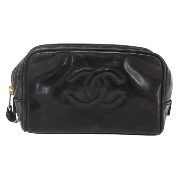 CHANEL Pouch Patent leather Black Gold CC Auth bs32314