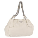 PRADA Chain Tote Bag Leather White Silver Auth bs32336-1
