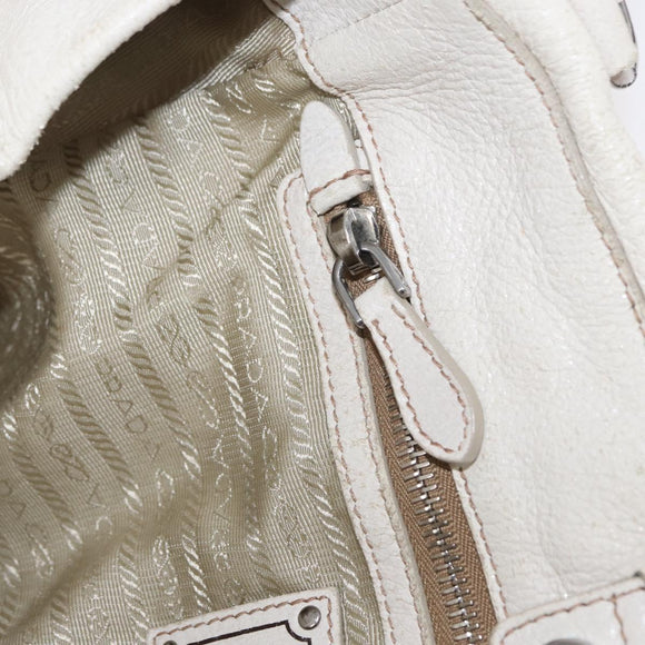 PRADA Chain Tote Bag Leather White Silver Auth bs32336