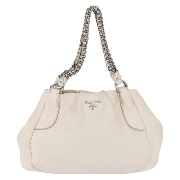 PRADA Chain Tote Bag Leather White Silver Auth bs32336