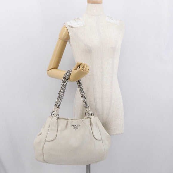 PRADA Chain Tote Bag Leather White Silver Auth bs32336