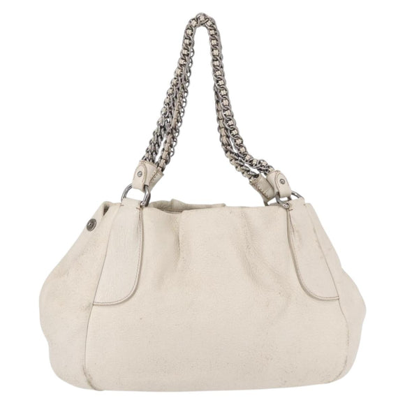 PRADA Chain Tote Bag Leather White Silver Auth bs32336