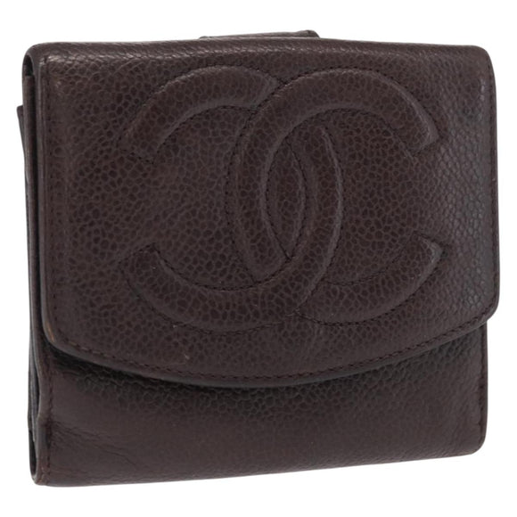 CHANEL Bifold Wallet Caviar Skin Black Gold CC Auth bs32337