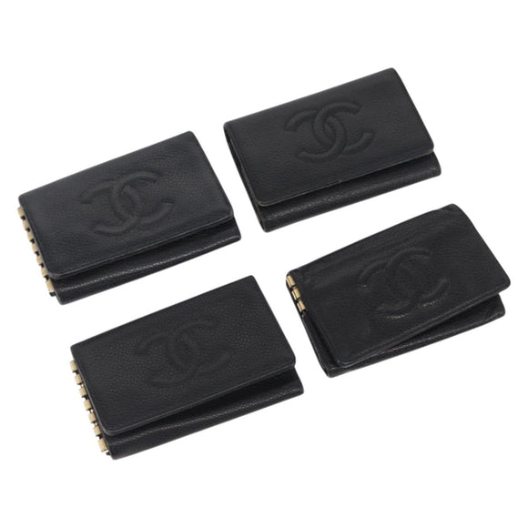 CHANEL Key Case Caviar Skin 4 Set Black CC Auth bs32341