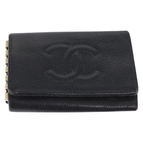CHANEL Key Case Caviar Skin 4 Set Black CC Auth bs32341
