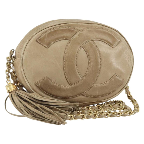 CHANEL Schultertasche Kette Lammleder Beige Gold CC Auth bs32361