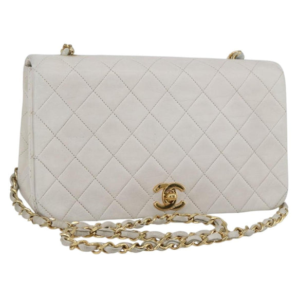 CHANEL Chain Matelasse Shoulder Bag Lamb Skin White Gold CC Auth bs32363