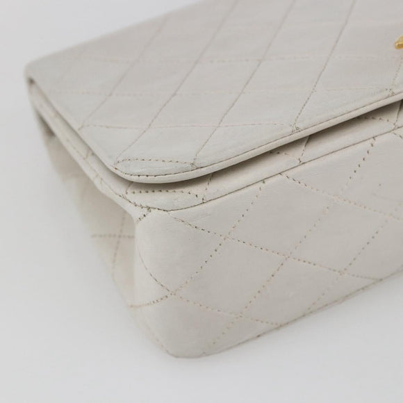 CHANEL Chain Matelasse Shoulder Bag Lamb Skin White Gold CC Auth bs32363