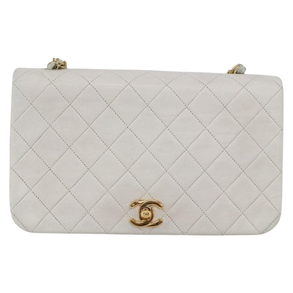 CHANEL Chain Matelasse Shoulder Bag Lamb Skin White Gold CC Auth bs32363