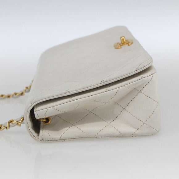 CHANEL Chain Matelasse Shoulder Bag Lamb Skin White Gold CC Auth bs32363
