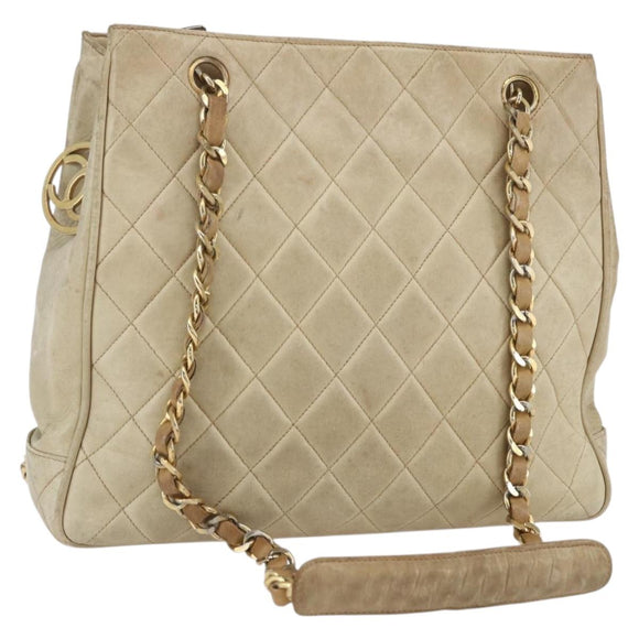 CHANEL Chain Matelasse Tote Bag Lamb Skin Beige Gold CC Auth bs32364