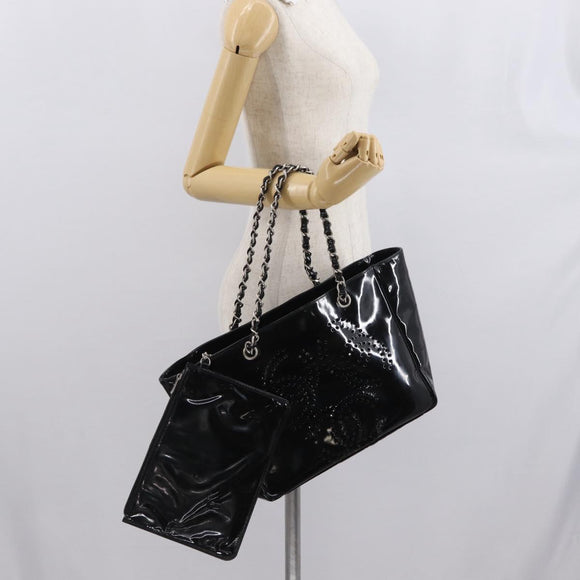 CHANEL Chain Tote Bag Patent leather Black Silver CC Auth bs32366