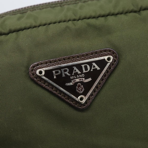 PRADA Pouch Nylon Khaki Silver Auth bs32389