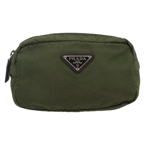 PRADA Pouch Nylon Khaki Silver Auth bs32389
