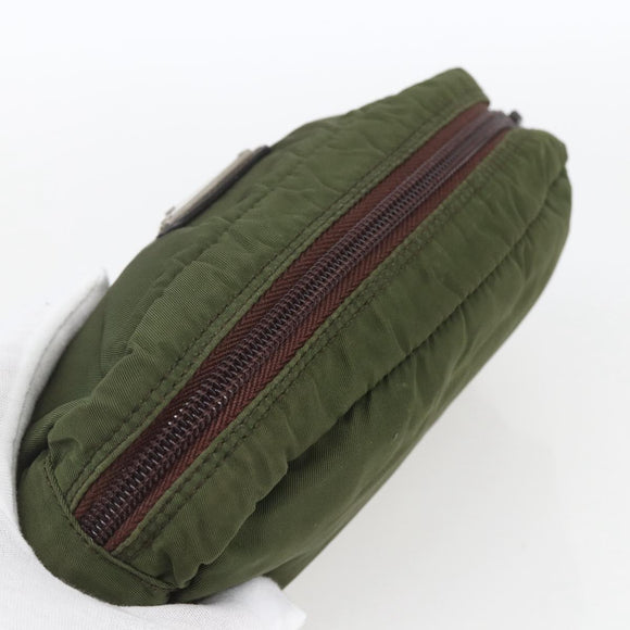 PRADA Pouch Nylon Khaki Silver Auth bs32389