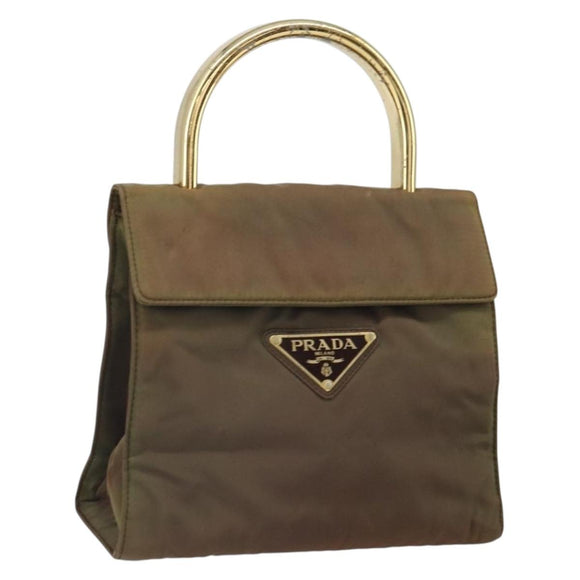 PRADA Hand Bag Nylon Khaki Gold Auth bs32391
