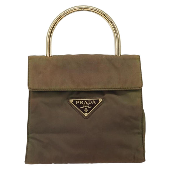 PRADA Hand Bag Nylon Khaki Gold Auth bs32391
