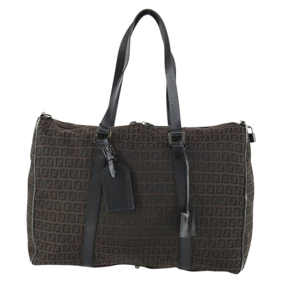 FENDI Zucchino Canvas Boston Bag Brown Black Auth bs32402