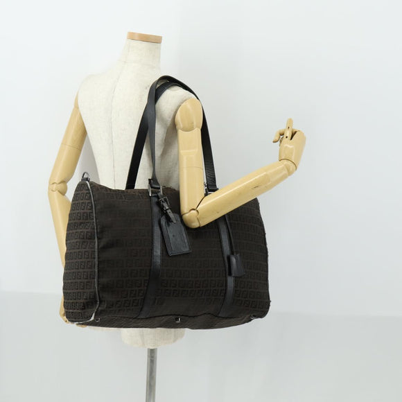 FENDI Zucchino Canvas Boston Bag Brown Black Auth bs32402