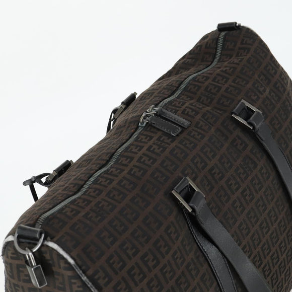 FENDI Zucchino Canvas Boston Bag Brown Black Auth bs32402