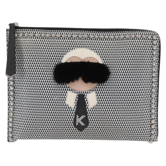 FENDI KARLITO Clutch Bag Leather Black Silver Auth bs32412