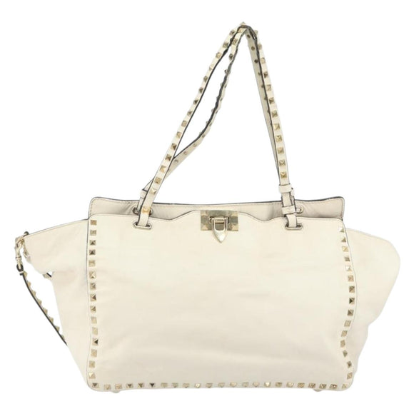 VALENTINO Studs Tote Bag Leather 2way White Gold Auth bs32446